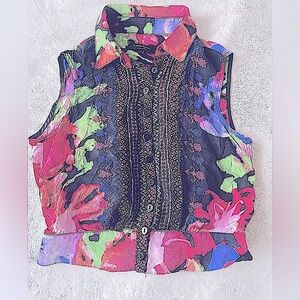 Nanette Lepore silk button down bohemian peasant loose crop top colorful